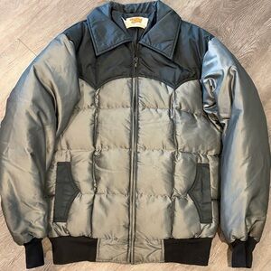 Vintage Western Puffer Jacket Gray Black Goose Down USA Made 70s 80s Mens XL